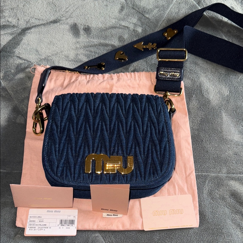 Miu Miu logo Maltalese Denim Blue Quilted Crossbody Bag gold hardware dust bag - Picture 1 of 15